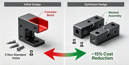 3D render comparing a sheet metal part before and after DFM optimization, showing the elimination of a complex bend and hole standardization leading to lower cost.